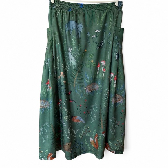 Handmade Dresses & Skirts - Handmade Woodland Forest Fox Mushroom Green Midi Skirt Pockets XXL Cottagecore